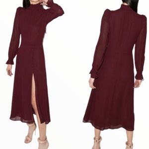 NEW Reformation Stevie Long Sleeve High Neck Midi Dress In Plum Burgundy Size 0